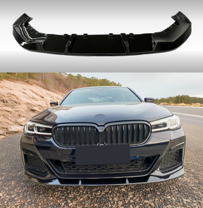 Gloss Black Front Splitter Lip on 2021-2024 BMW 5 Series G30 by NexaNovo, showcasing a sleek front spoiler for enhanced aerodynamics.