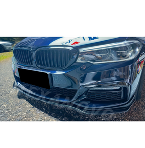 Frontal view of the Fit 2017-2020 BMW 5 Series G30 LCI M Sport with NexaNovo Gloss Black Front Bumper Lip Spoiler, illustrating the car's aggressive and stylish front profile.