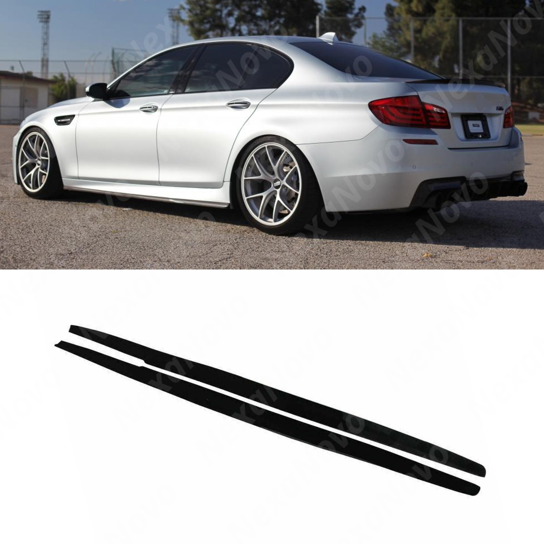 Gloss Black Side Skirt Splitter Set on a 2017 BMW 5 Series G38 M5 Sedan, designed by NexaNovo to add a sharp and aggressive touch.