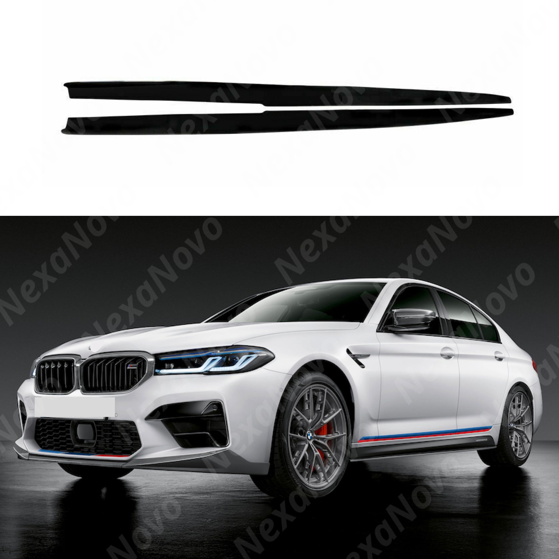 Dynamic view of 2019 BMW 5 Series G38 M5 Sedan with NexaNovo Gloss Black Side Skirts as part of a comprehensive aero kit