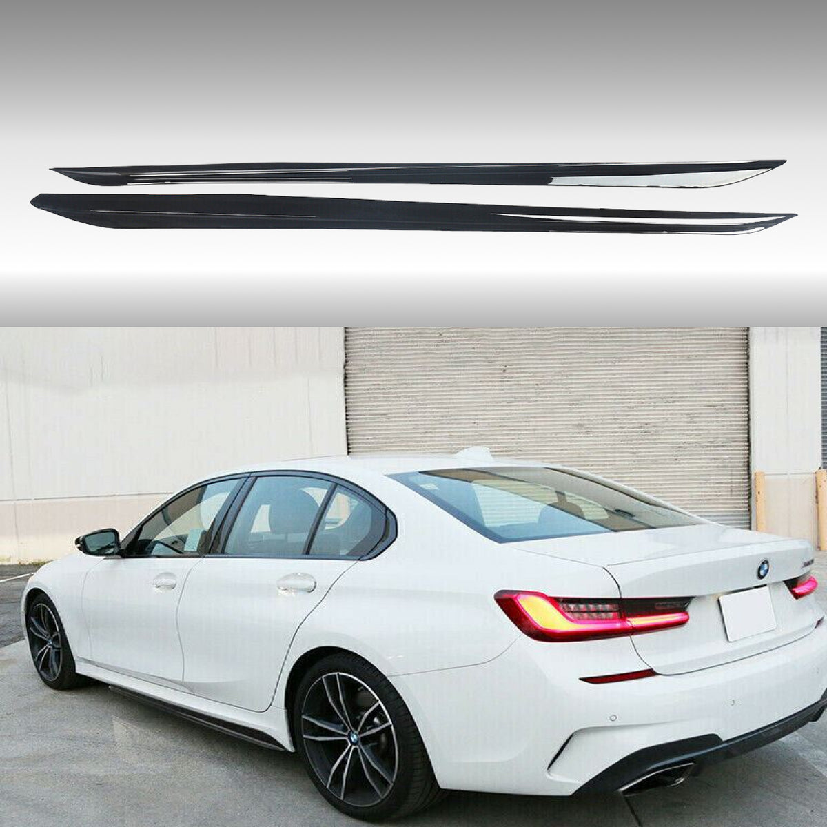 Close-up of Gloss Black M Sport Side Skirt for BMW 3 Series G20, featuring a sleek car side skirts design for enhanced aerodynamics and style, NexaNovo