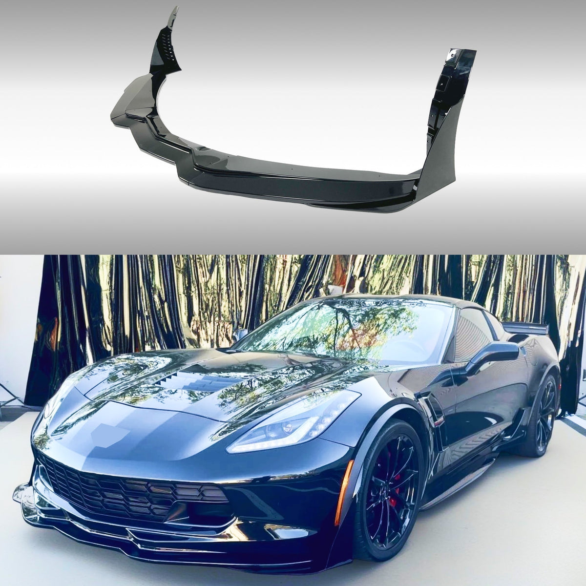 NexaNovo Gloss Black Front Lip Spoiler with Side Winglets for 2018 Chevrolet Corvette C7 Z06 Stage 3