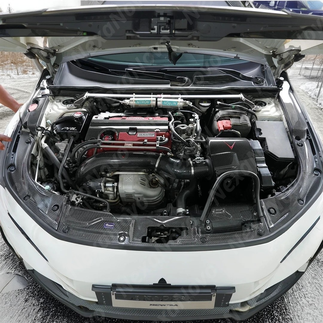 Uninstalled NexaNovo real carbon fiber radiator support cooling shrouds, top view