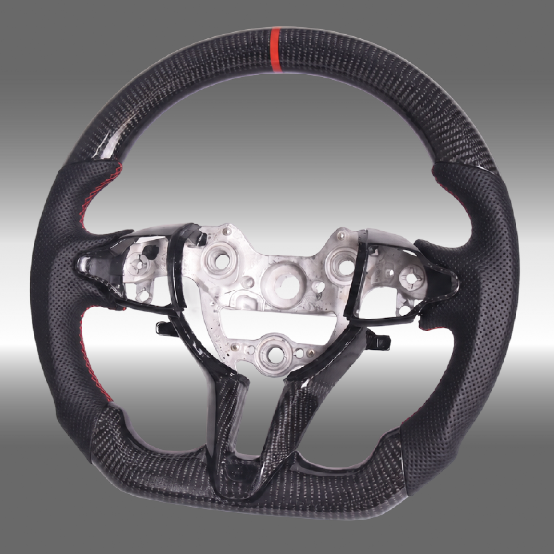 Custom 3K gloss carbon fiber sport steering wheel with perforated leather and red center stripe installed in an Elantra N cockpit