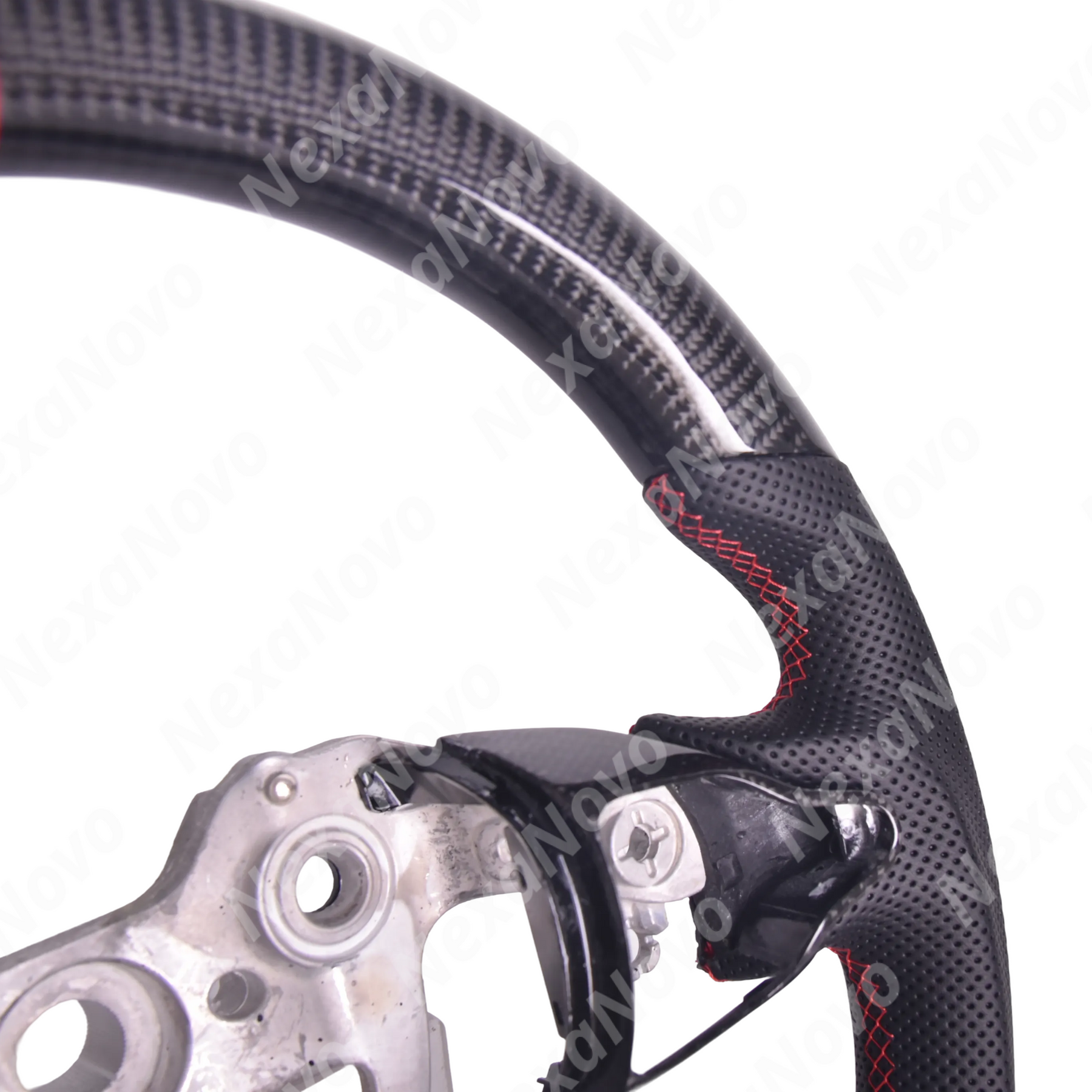 Direct front driver perspective showcasing the D-cut flat-bottom racing shape and red 12 o'clock center alignment line