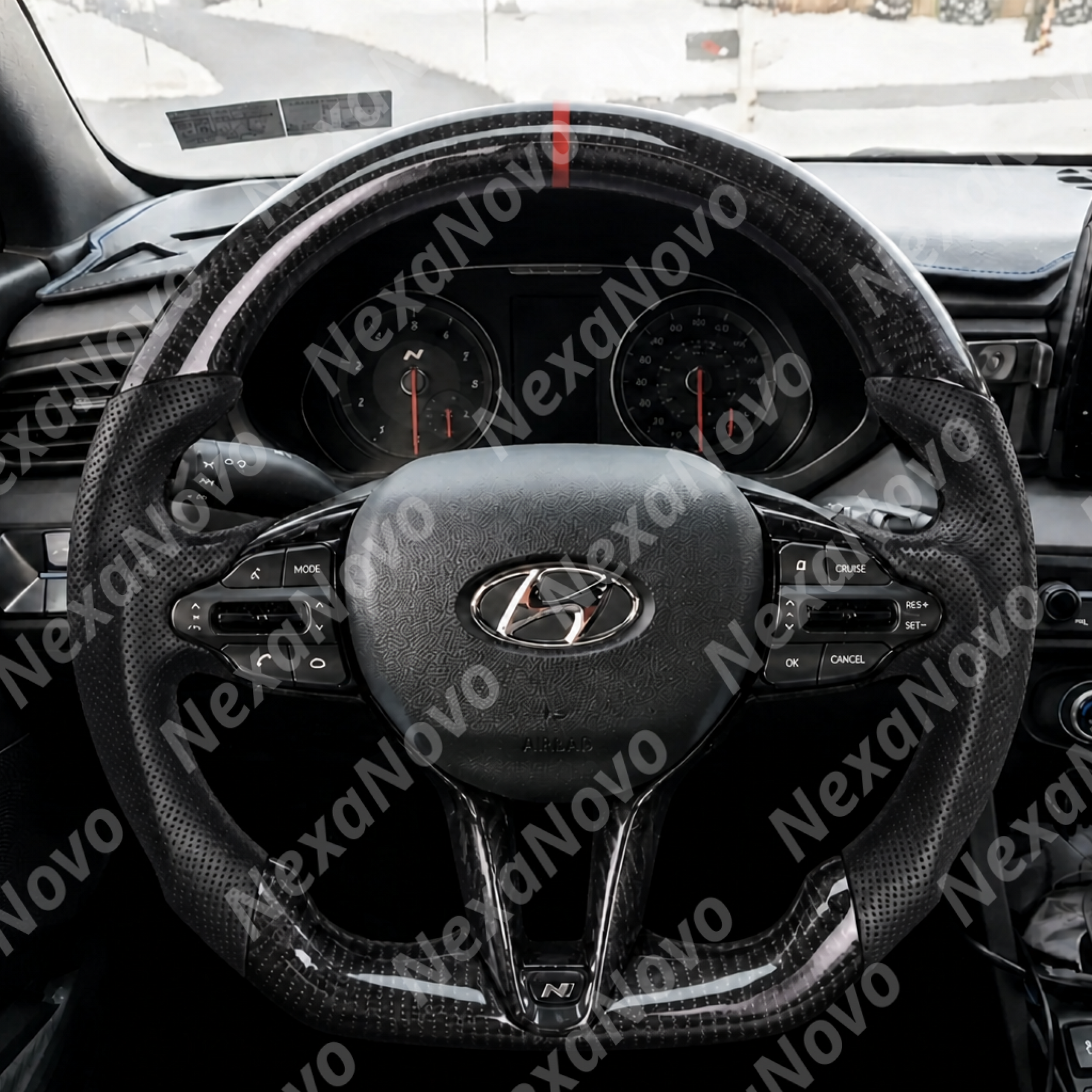 Angled perspective showcasing seamless clearance and fitment around the signature Hyundai N-mode drive buttons and shift paddles