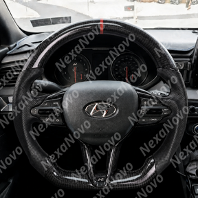 Angled perspective showcasing seamless clearance and fitment around the signature Hyundai N-mode drive buttons and shift paddles