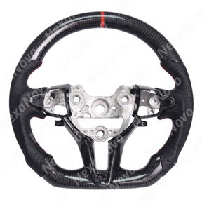 Custom carbon fiber sport steering wheel highlighting integration with the Veloster N dashboard and instrument cluster