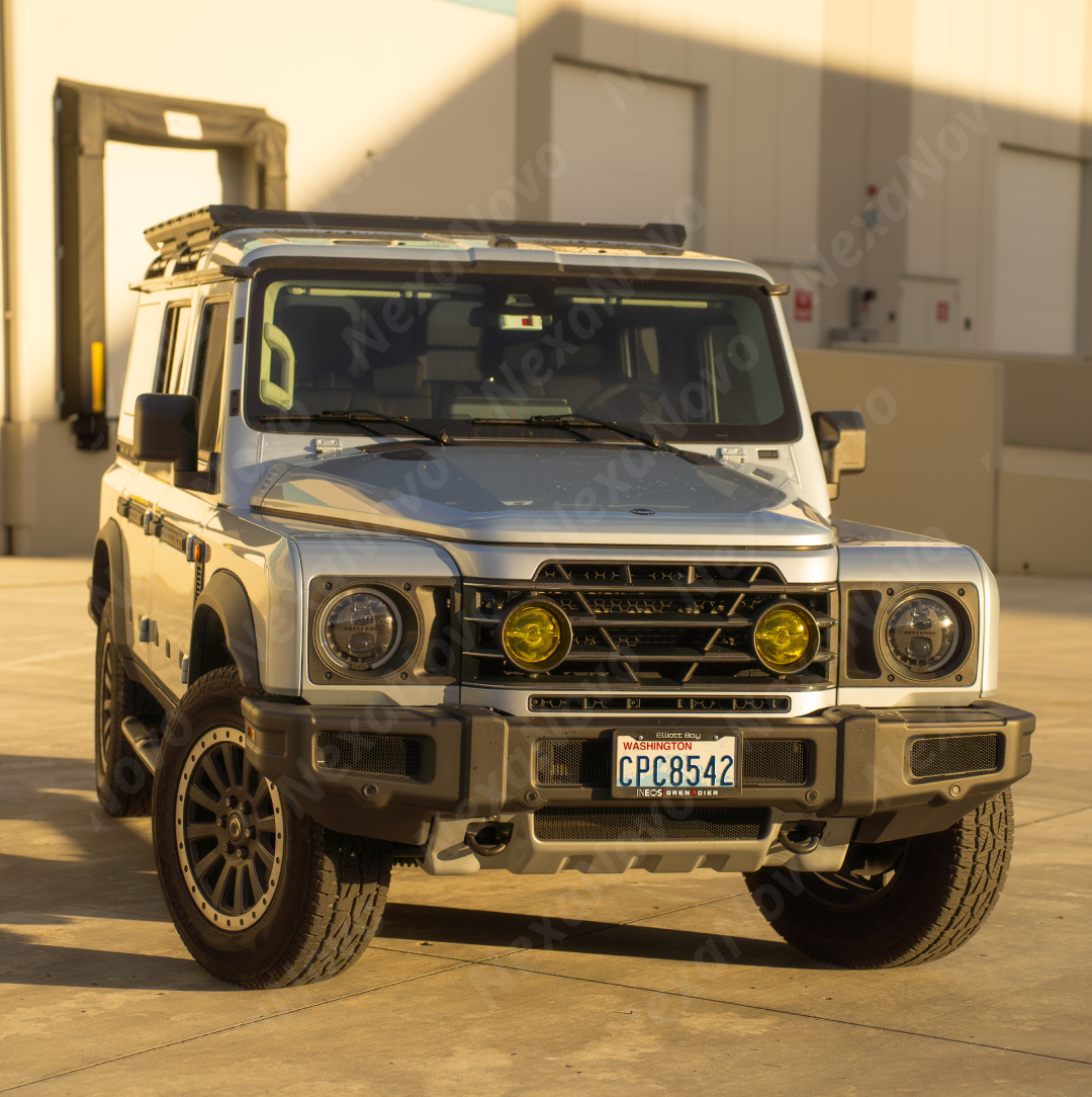 Low-profile side perspective showing the aerodynamic perimeter frame of the NexaNovo roof rack on a 2025 Grenadier