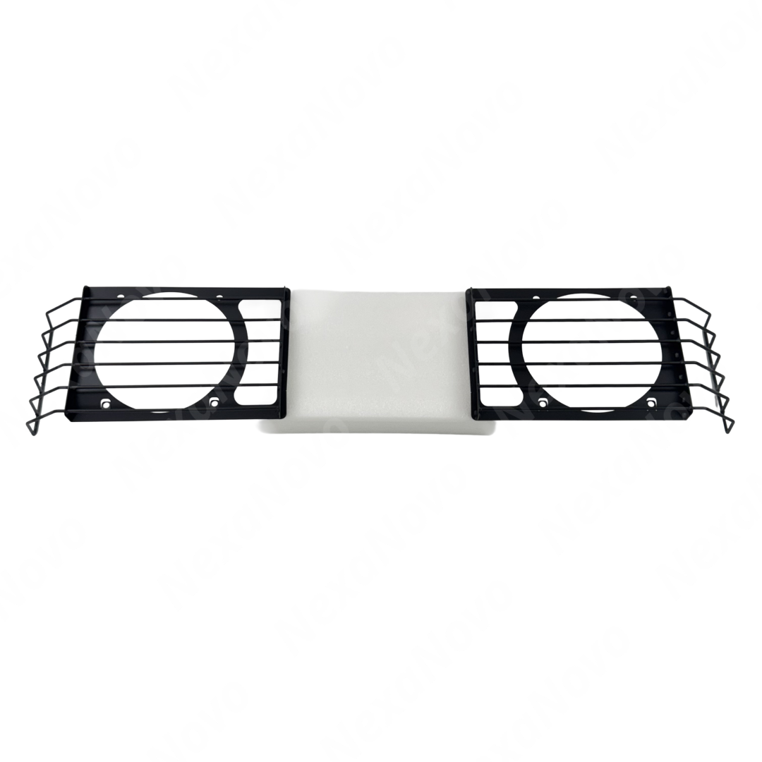 Industrial NexaNovo stainless steel headlight guards providing sharp contrast on a Donny Grey INEOS Grenadier station wagon