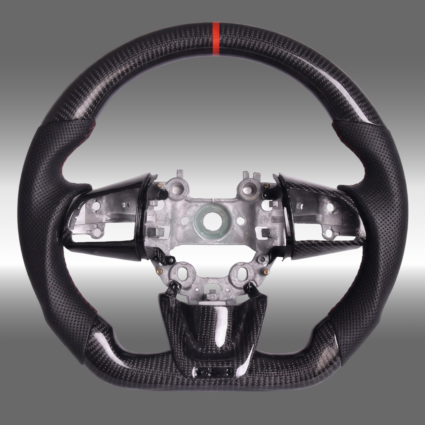 Custom 3K gloss carbon fiber sport steering wheel with perforated leather and red center stripe installed in a Kia Stinger GT cockpit