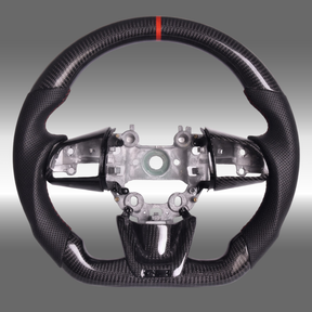 Custom 3K gloss carbon fiber sport steering wheel with perforated leather and red center stripe installed in a Kia Stinger GT cockpit