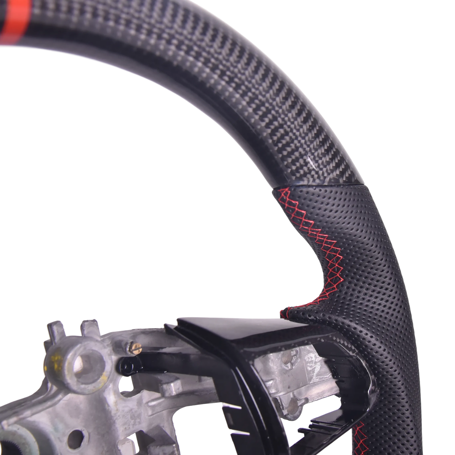Direct front driver perspective highlighting the aggressive D-cut flat-bottom racing shape and red 12 o'clock center alignment line