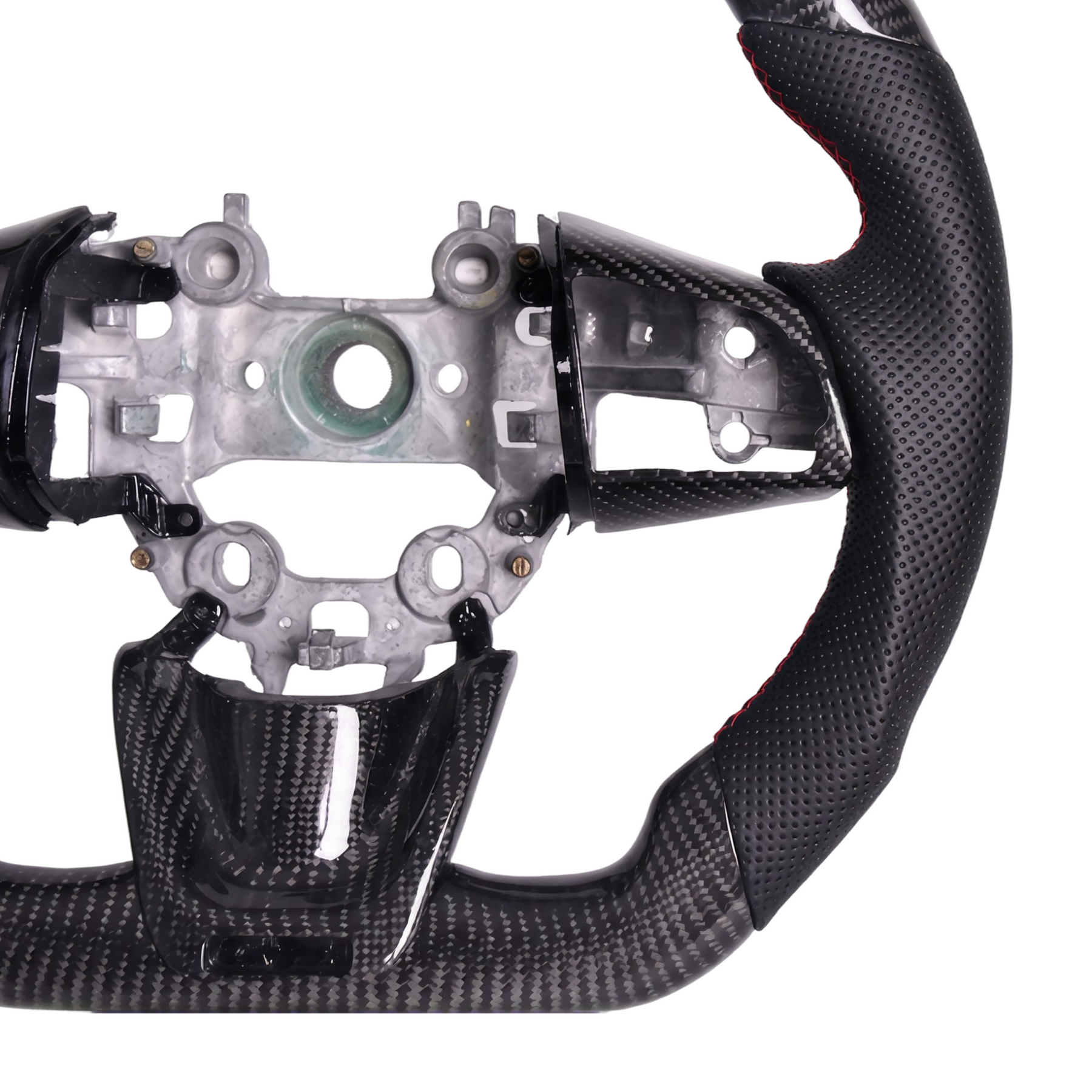 Side angle view demonstrating clearance for OEM paddle shifters behind the thickened leather hand grips