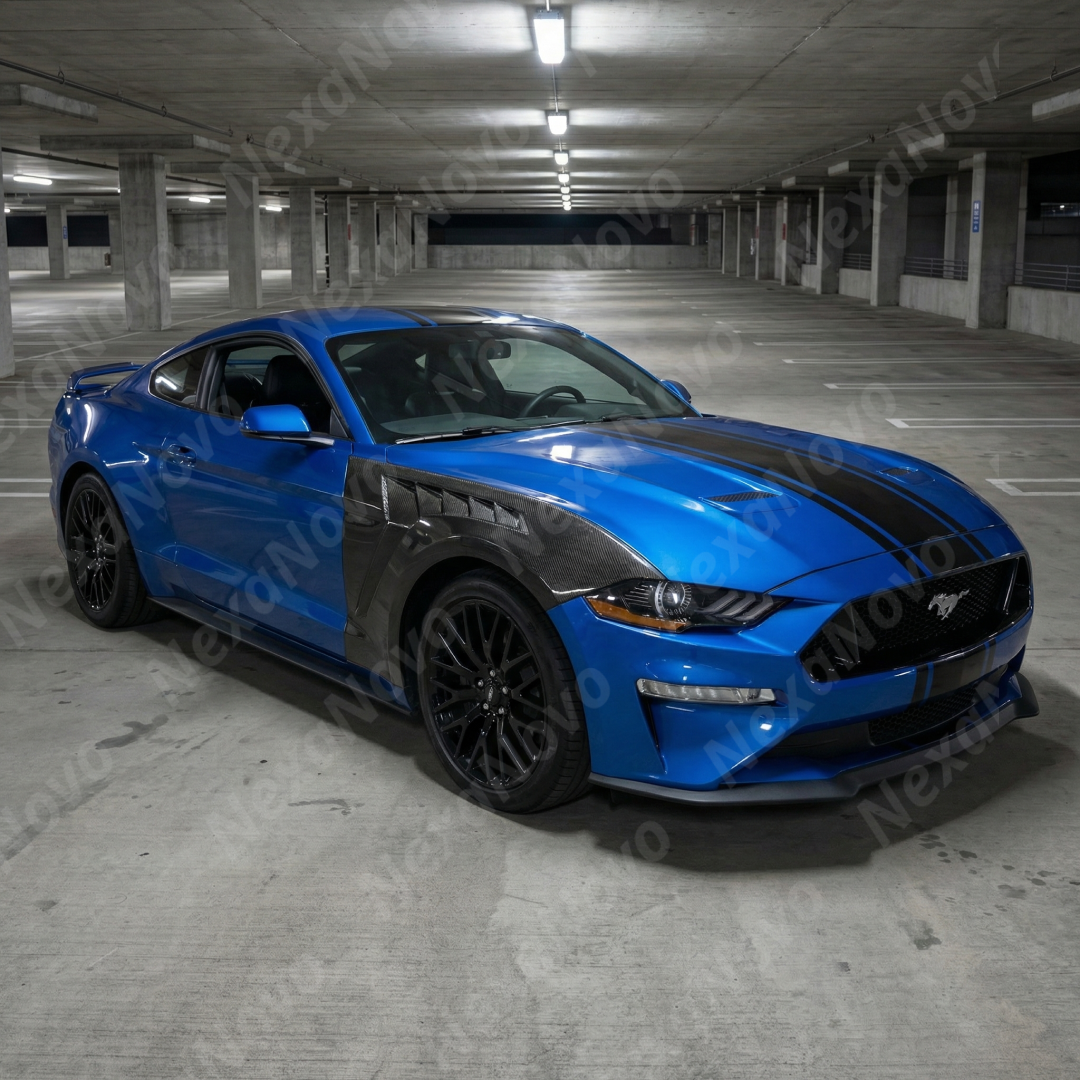 Seamless NexaNovo high-performance integration of carbon fiber wide fenders on a blue Mustang