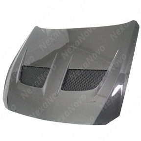 Close-up of the NexaNovo real carbon fiber weave on the Mustang GTD style hood