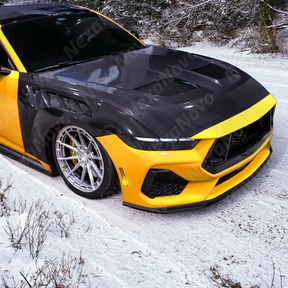NexaNovo real carbon fiber GTD style vented hood on a white Ford Mustang