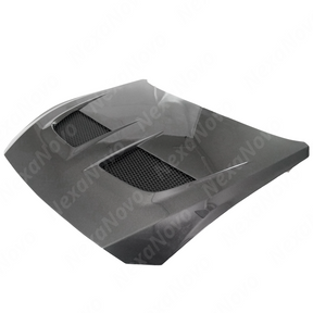 Uninstalled NexaNovo real carbon fiber GTD style front engine vented hood, top view