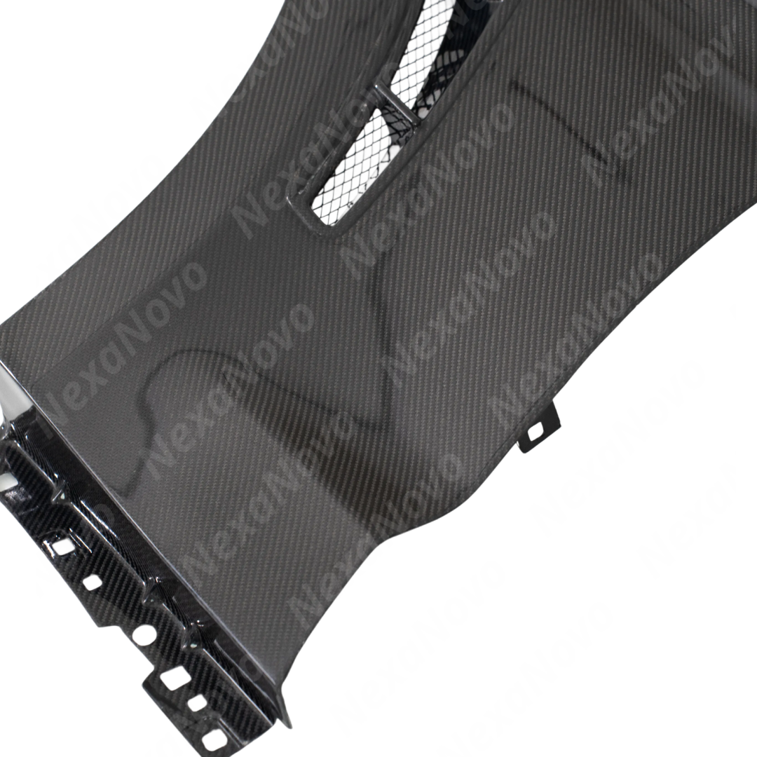 Detailed shot of the NexaNovo UV-resistant high-gloss clear coat on the GT500 carbon fenders