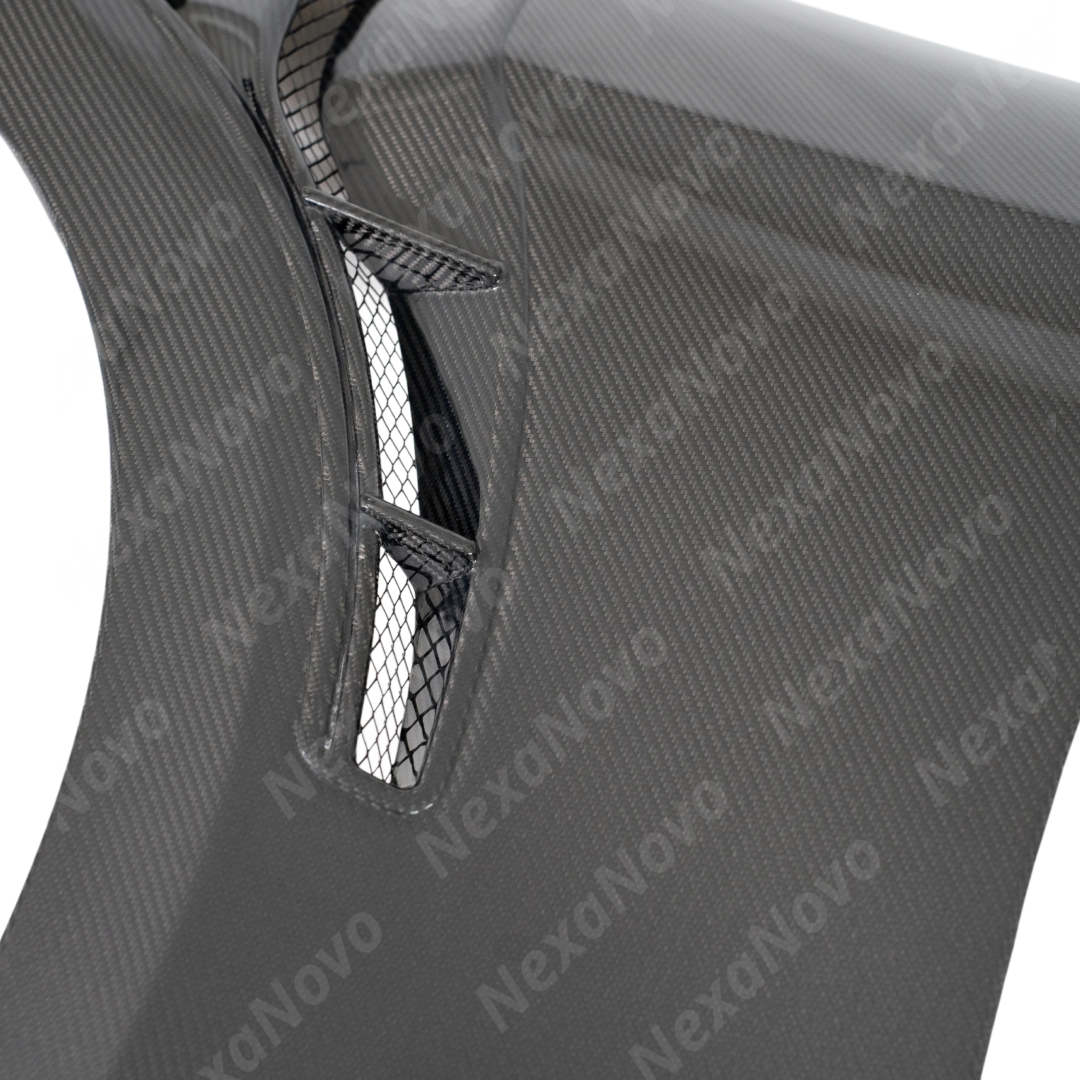 Detailed view of the aggressive aerodynamic side vents on the NexaNovo GT500 carbon fenders
