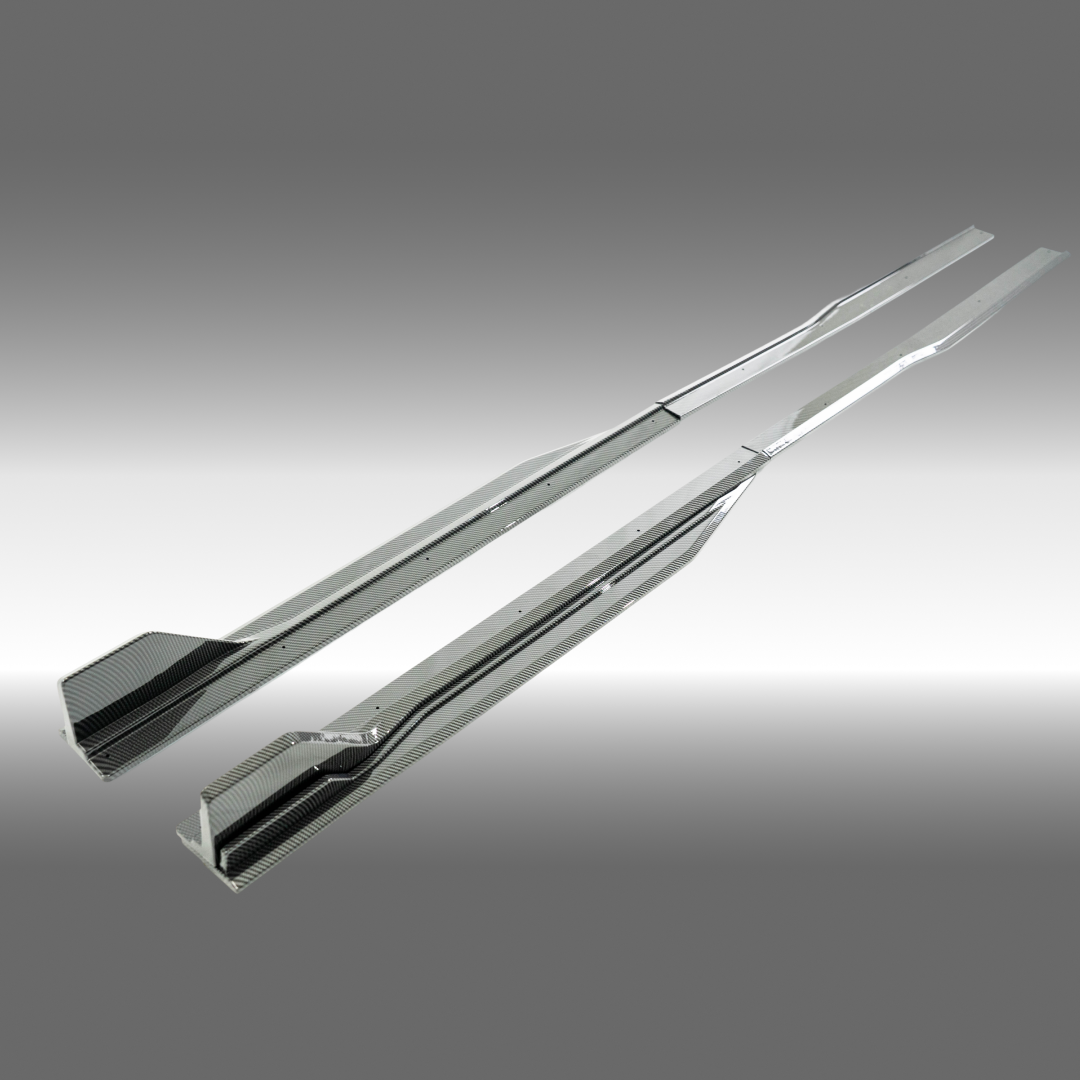 NexaNovo GT500 style body side skirt rocker panel splitters installed on a 2024 Ford Mustang S650