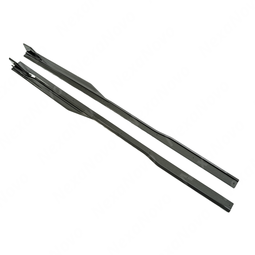 NexaNovo GT500 style body side skirt splitters on a white Ford Mustang S650