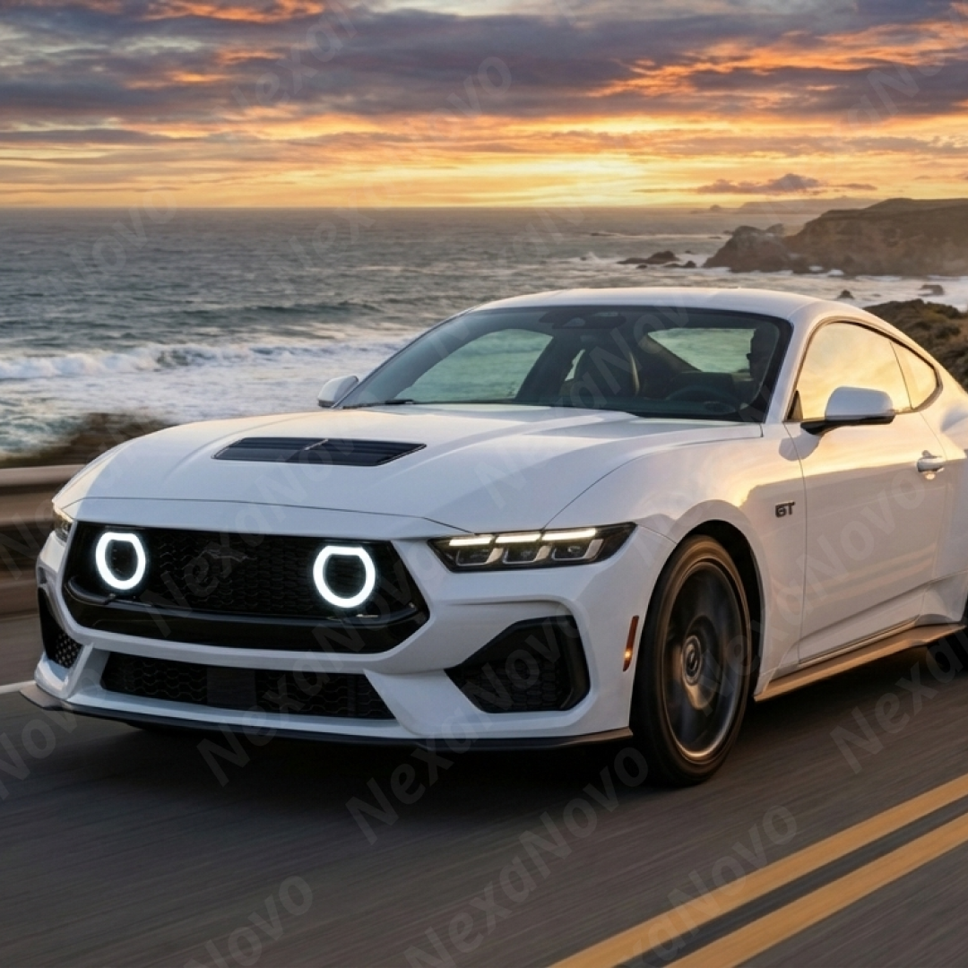 High-gloss black finish on the NexaNovo honeycomb mesh front grill for 2024-2026 Mustang