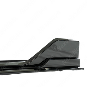 NexaNovo GT500 style rocker panel splitters integrated on a black Ford Mustang S650