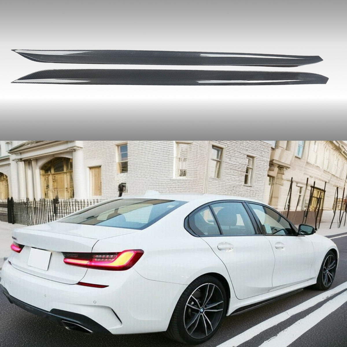 Close-up of Carbon Fiber M Sport Side Skirt for 2019-2024 BMW 3 Series G20, featuring a sleek car side skirts design for enhanced aerodynamics and style, NexaNovo.