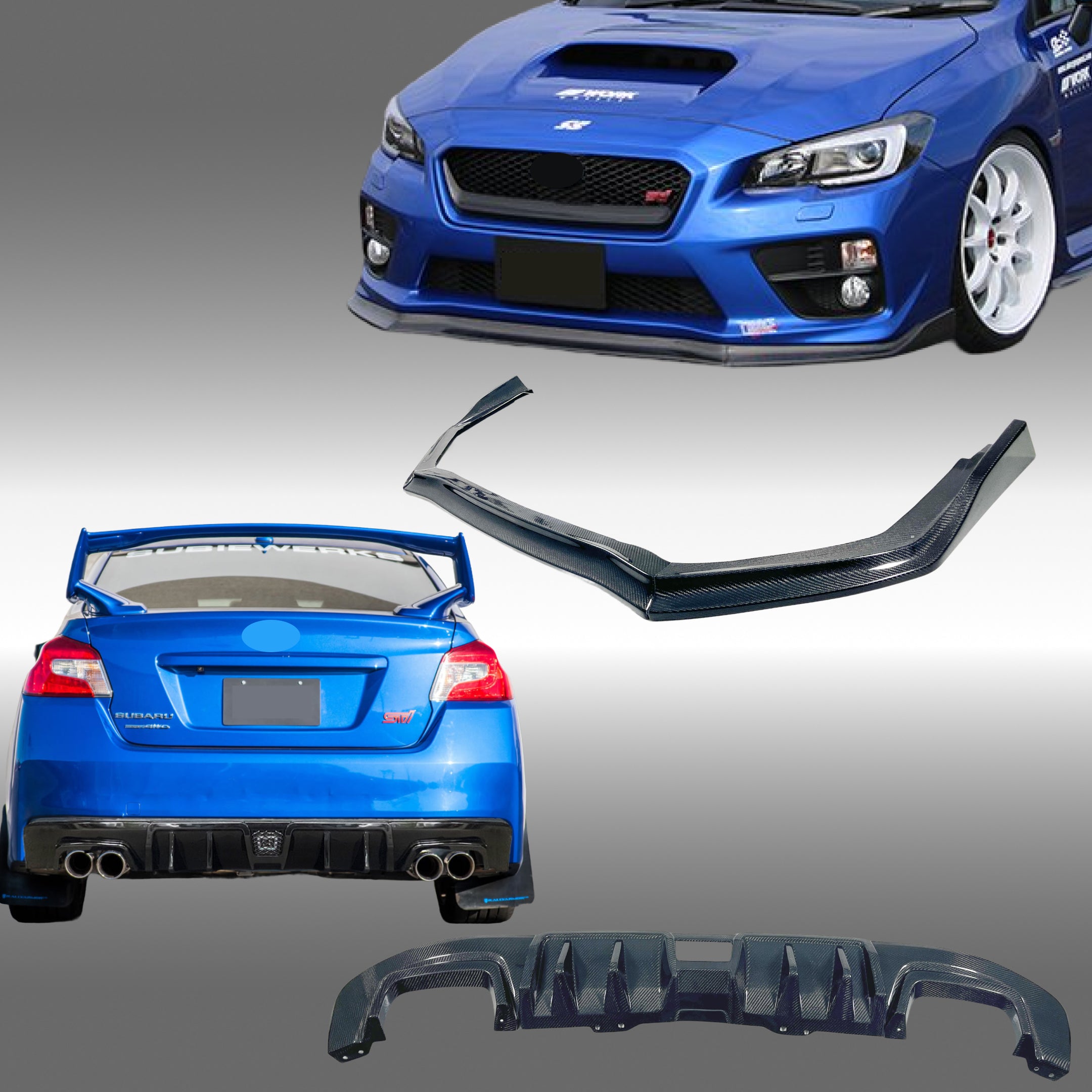 Real Carbon Fiber Front Lip & Rear Diffusers for Subaru WRX STI Impreza ...