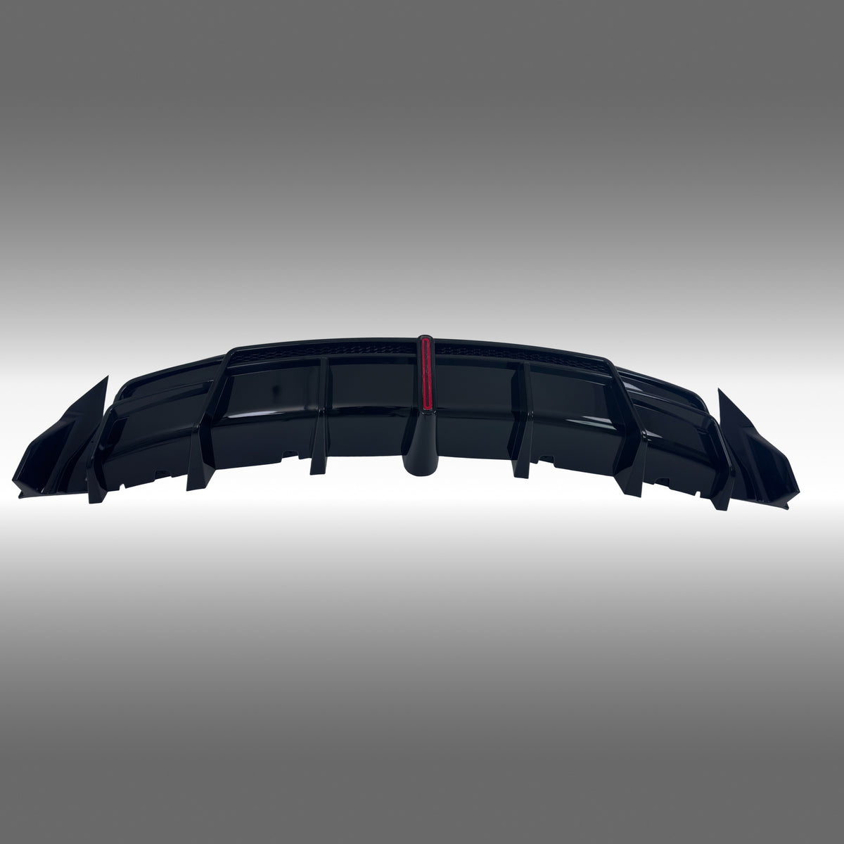 NexaNovo VTEN style gloss black rear diffuser with integrated LED brake light installed on a 2017-2023 Tesla Model 3