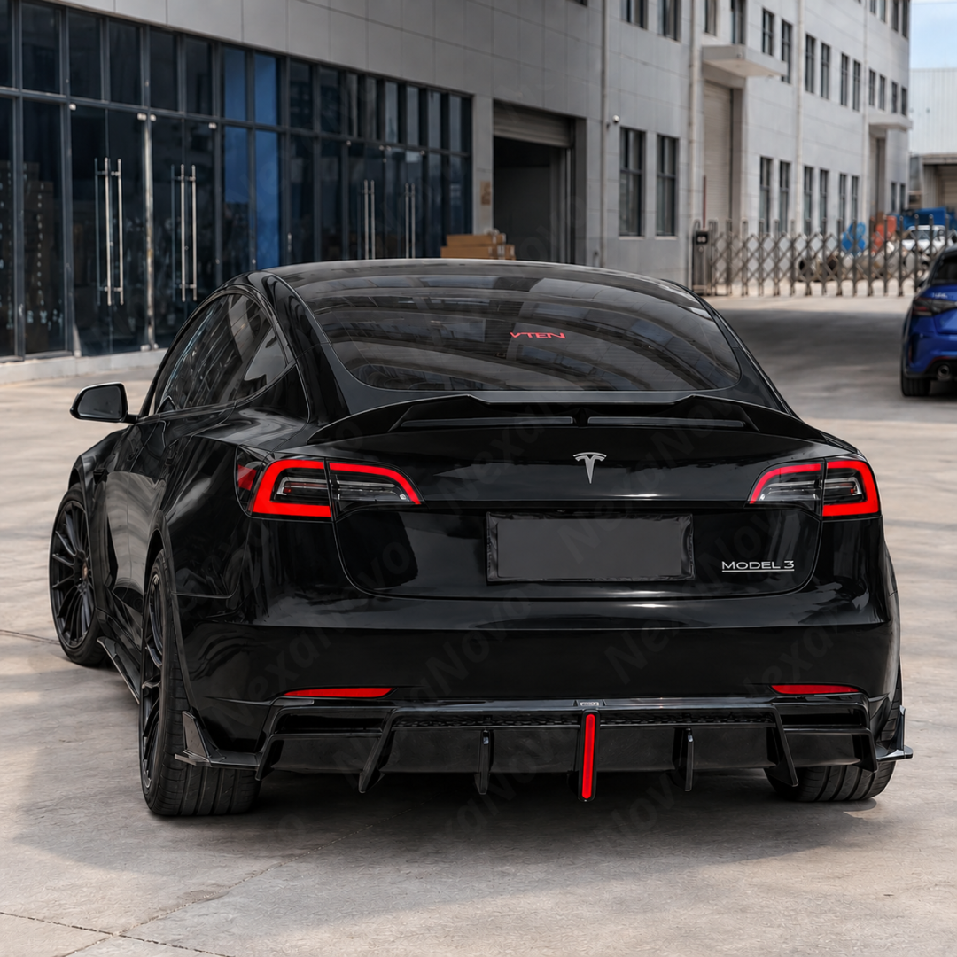 High-contrast styling of a piano gloss black VTEN rear diffuser mounted on a Pearl White Multi-Coat Tesla Model 3