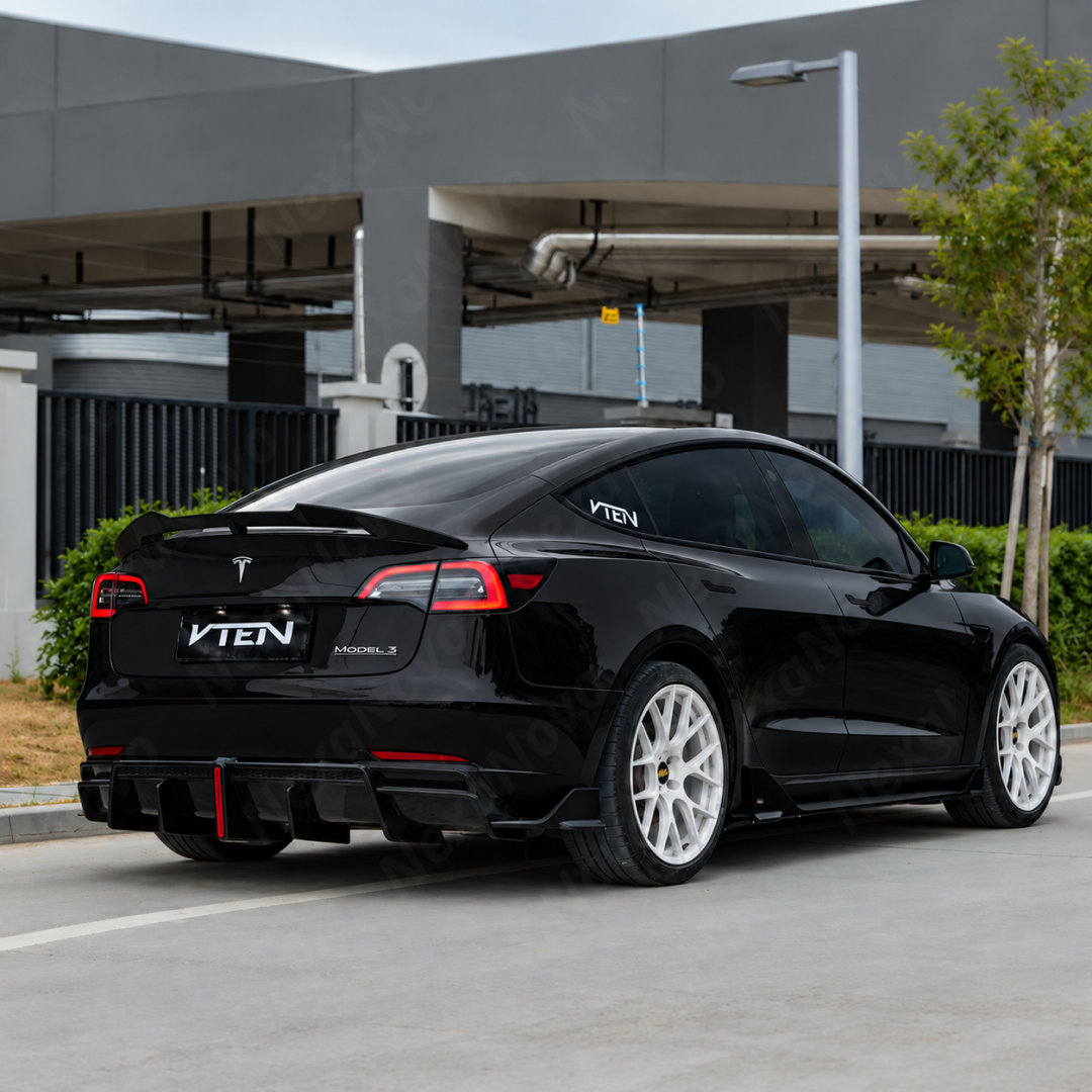 Side-by-side visual comparison between the plain factory Tesla Model 3 lower bumper valance and the aggressive VTEN LED diffuser