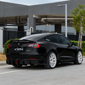 Side-by-side visual comparison between the plain factory Tesla Model 3 lower bumper valance and the aggressive VTEN LED diffuser