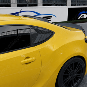 Aggressive carbon print rear side window louvers installed on a 2017 Toyota 86