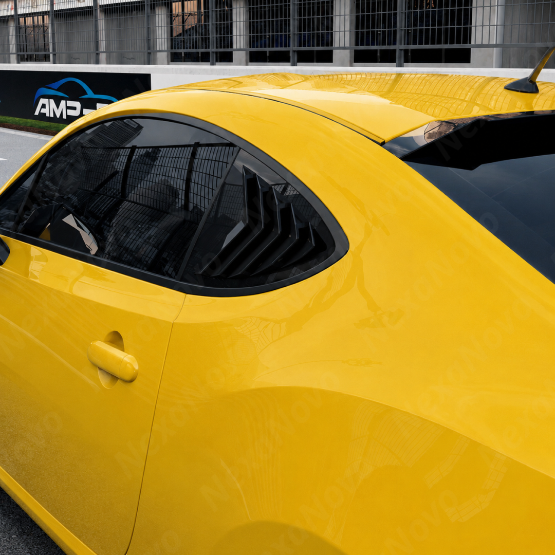 Pair of gloss black rear quarter window louvers installed on a 2015 Scion FR-S