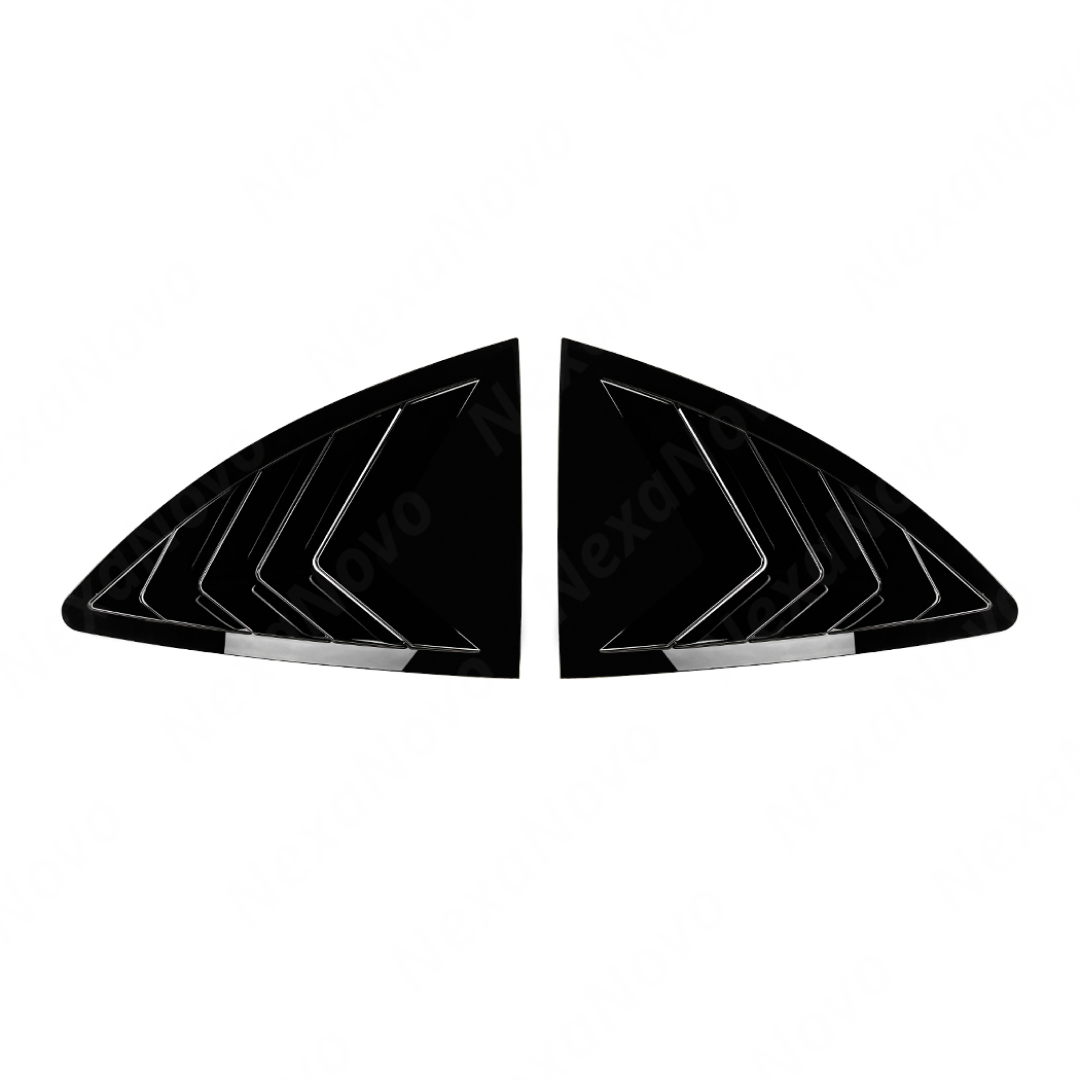 Close-up of the aggressive triple-slat design on the 86/BRZ gloss black window louvers