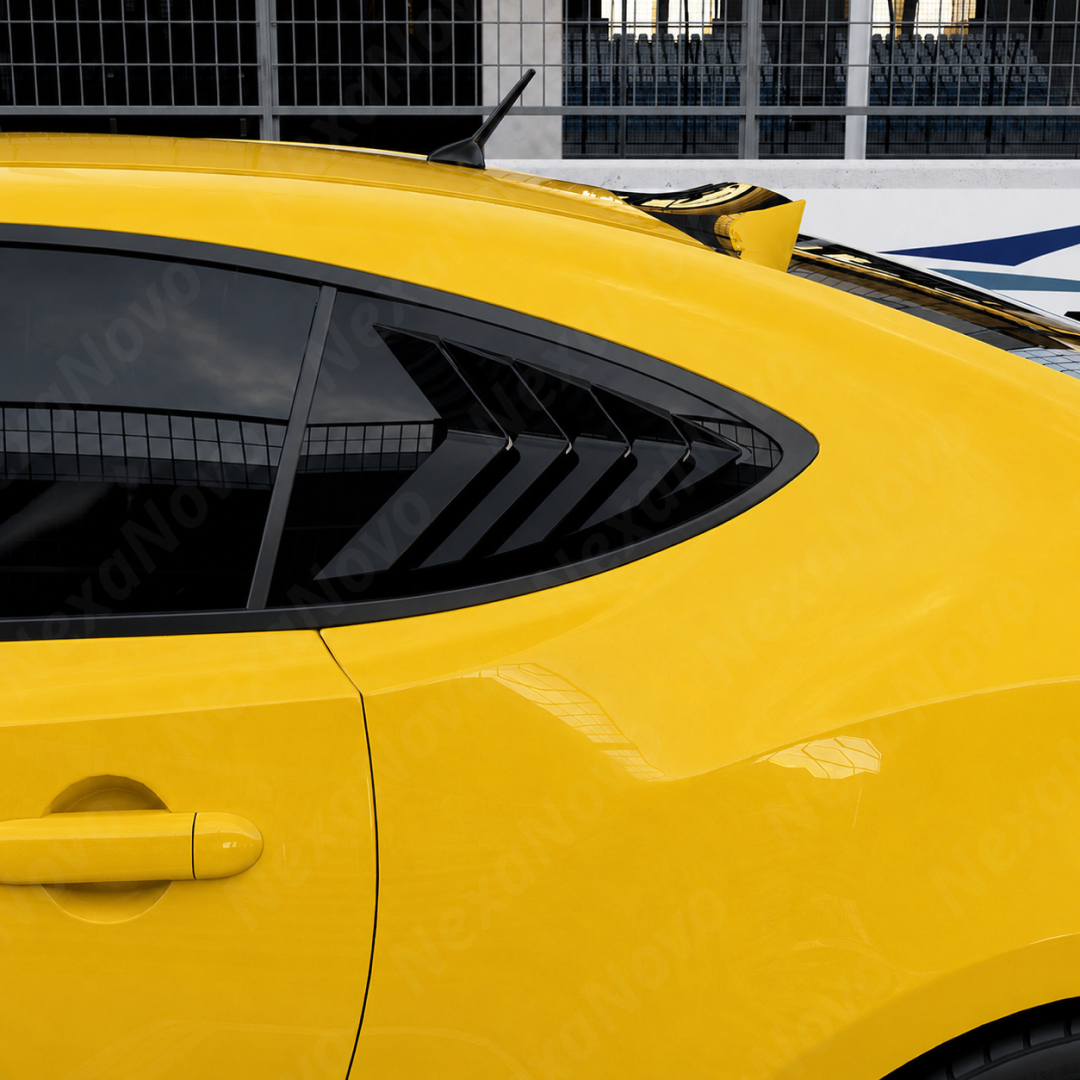 Direct side profile of the gloss black side window louvers for 2013-2020 Subaru BRZ