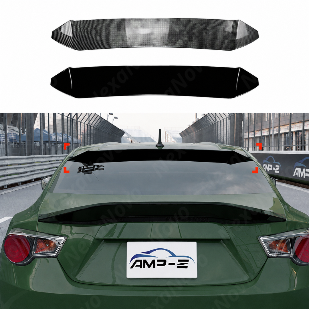 Detailed view showing the flush mount fitment against the 86/BRZ roofline and rear glass