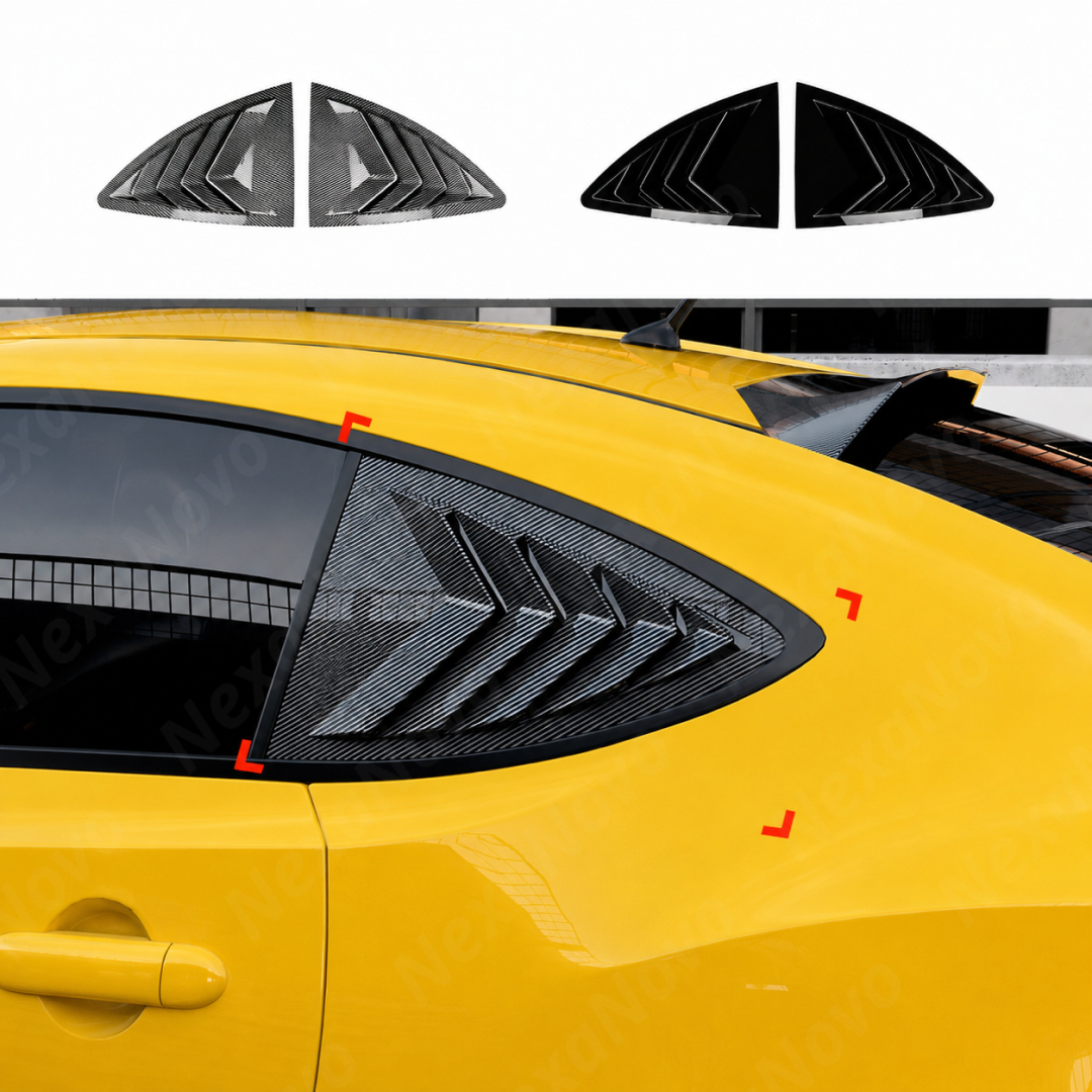Close-up showing the flush edge-to-edge fitment of the louvers on the 86/BRZ quarter glass