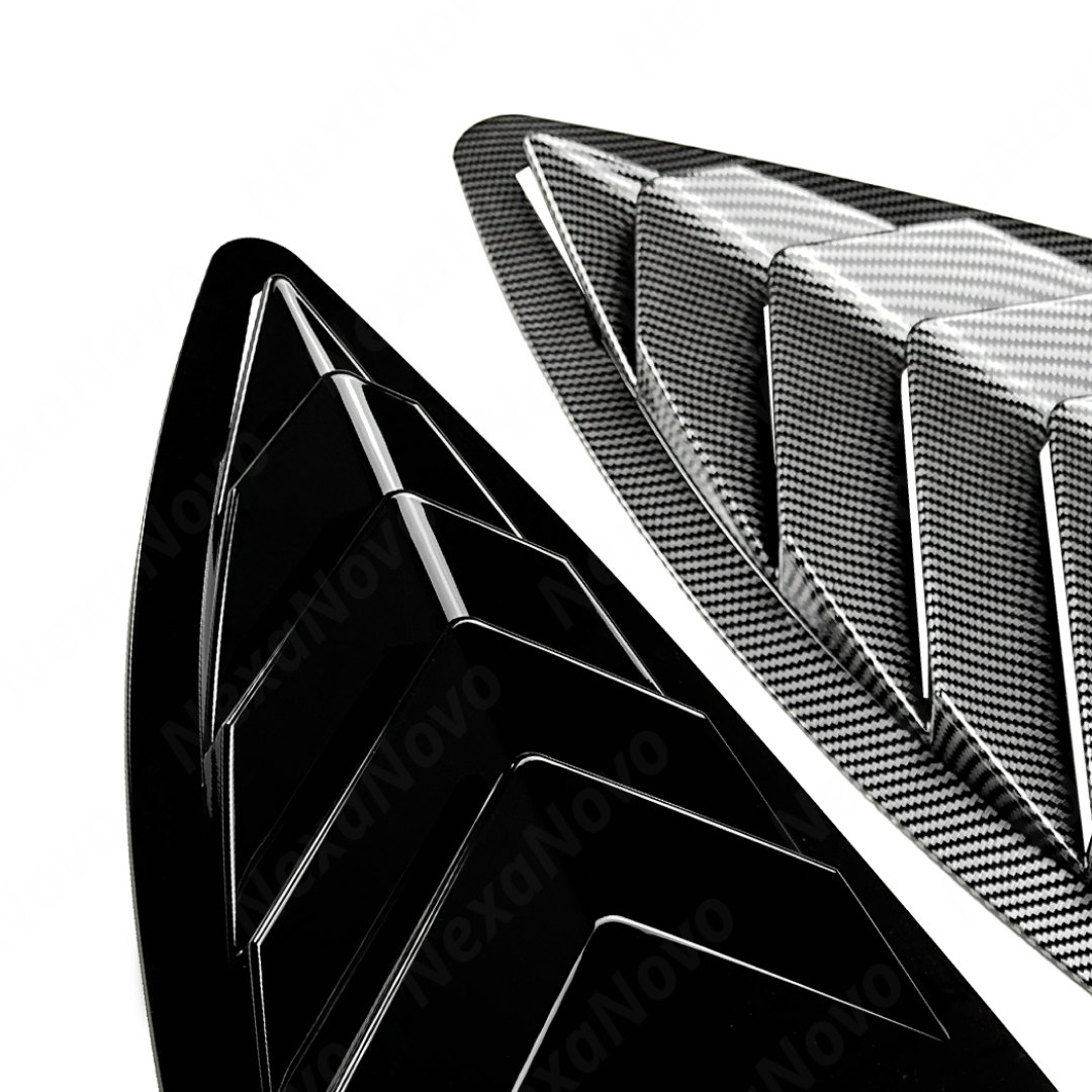 Visual comparison between gloss black and carbon print rear passenger window louvers