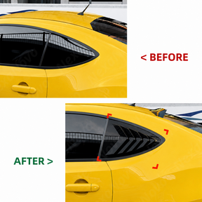 The completed performance aesthetic of a Subaru BRZ featuring window louvers and a matching rear visor