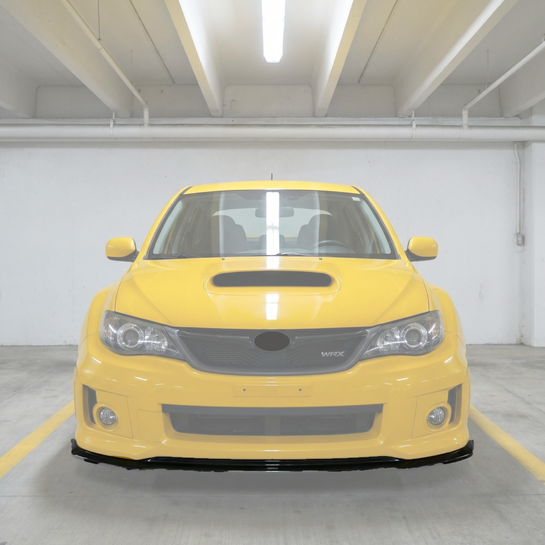 NexaNovo carbon fiber print front bumper lip splitter installed on a 2008 Subaru Impreza WRX STI