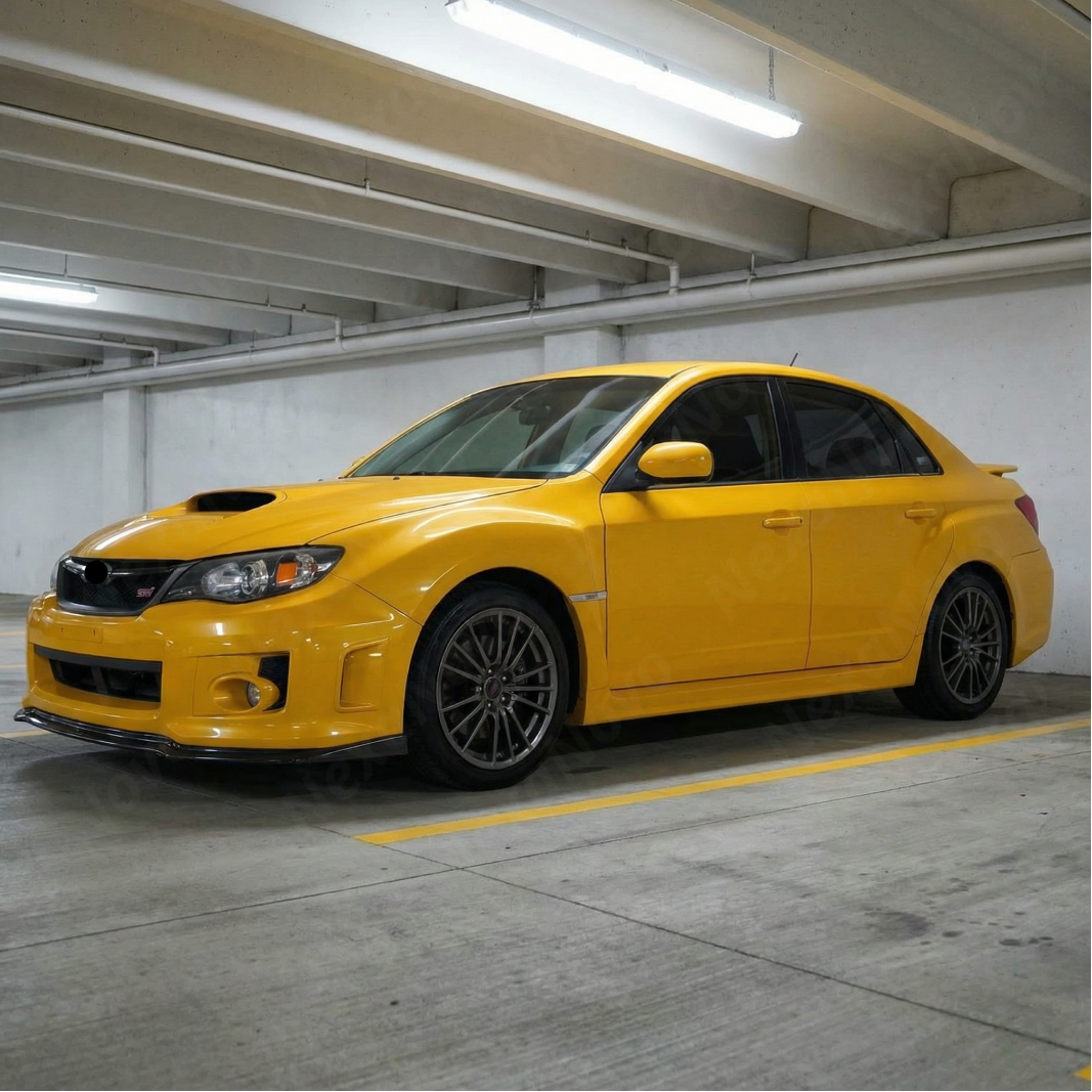 Subaru STI with new NexaNovo carbon fiber print front lip parked in a professional garage