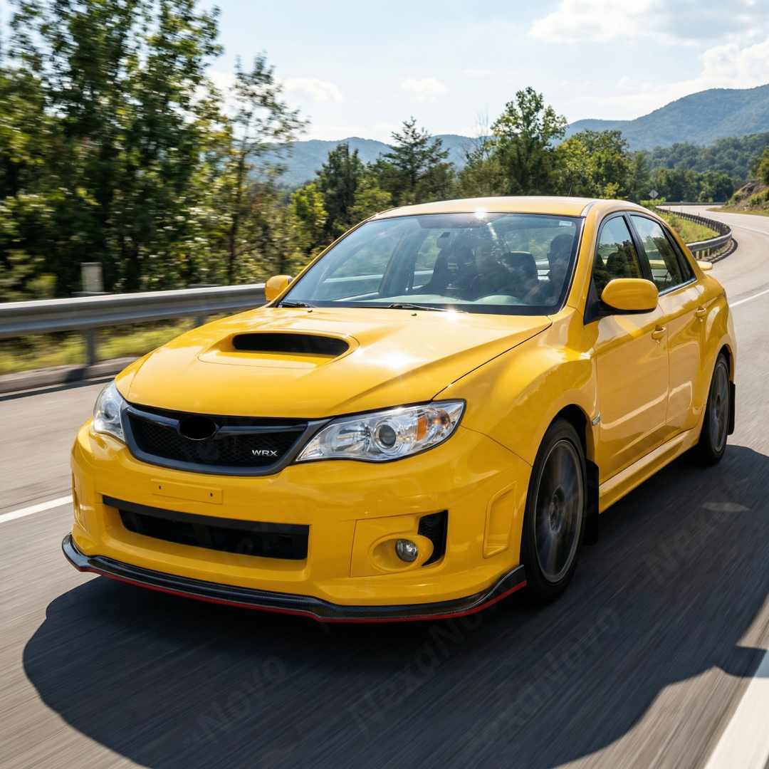 2009 Subaru WRX STI in motion highlighting the aerodynamic NexaNovo red-accented carbon print lip