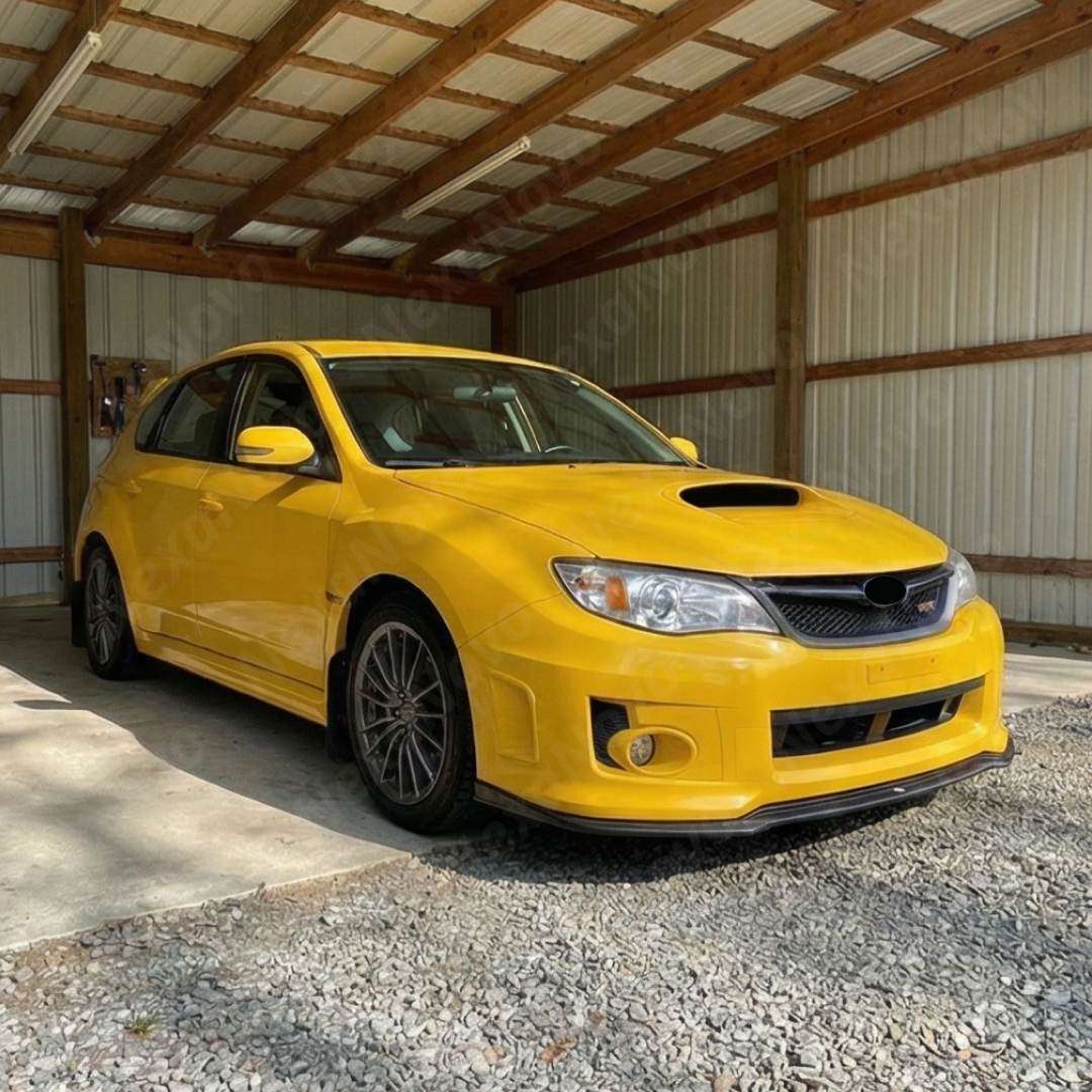 Showing the high-reflectivity clear coat on the NexaNovo gloss black STI front lip