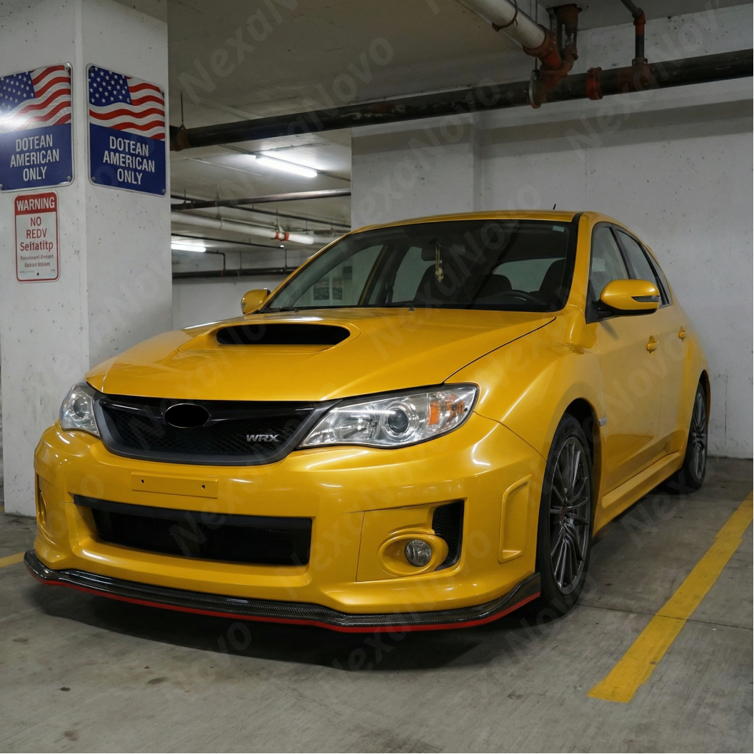 Front-end shot emphasizing the widened, sporty stance of the STI with NexaNovo red-trim aero