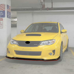 NexaNovo gloss black front bumper lip with red accent trim installed on a 2008 Subaru Impreza WRX STI