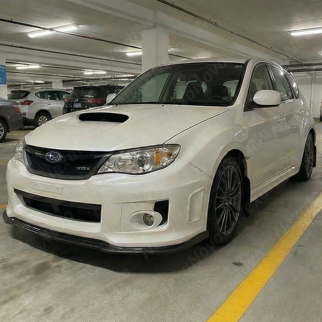 Full 3/4 view of a 2012 Subaru WRX STI with the carbon fiber print front lip kit
