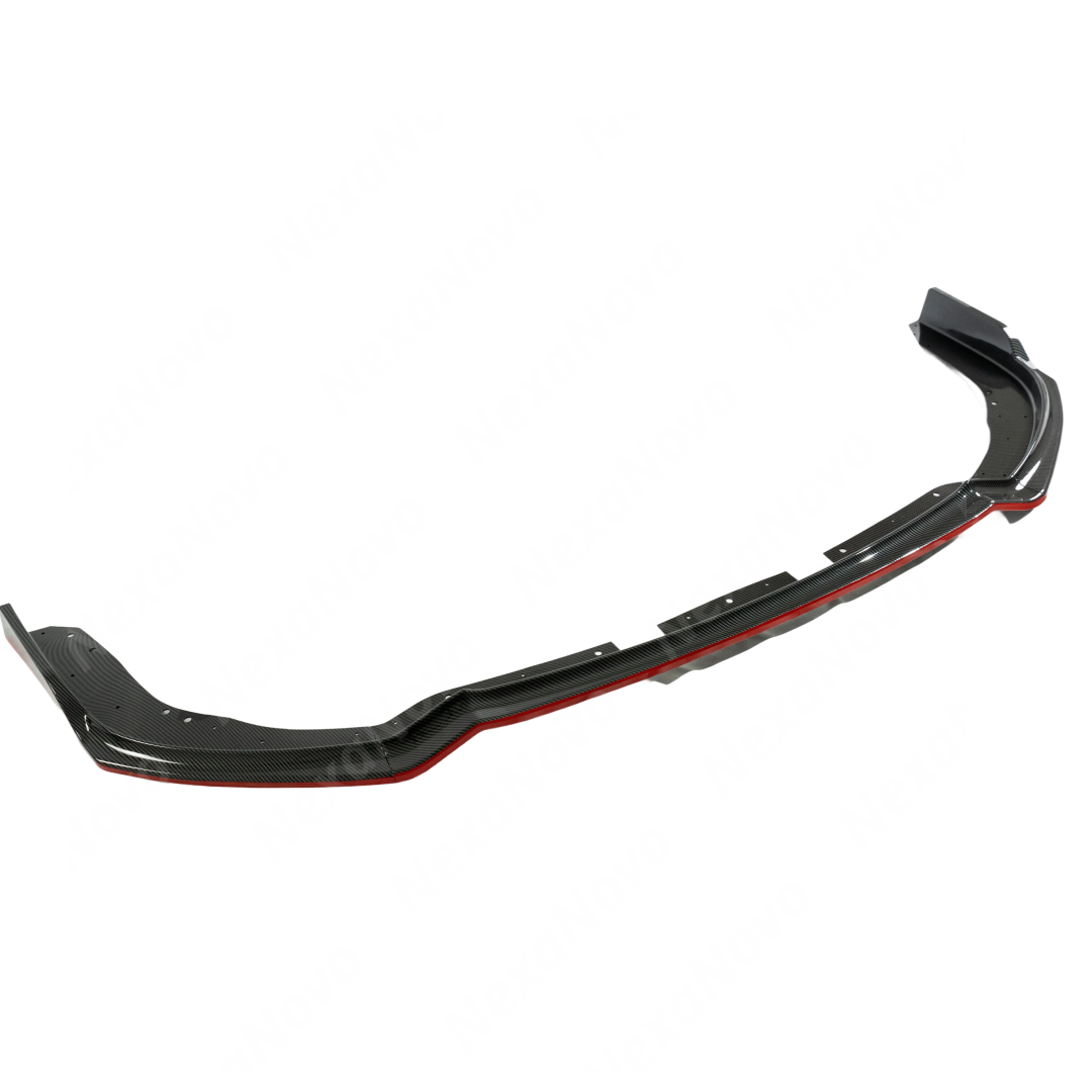 Close-up of the high-definition carbon fiber print weave and precision red trim edge